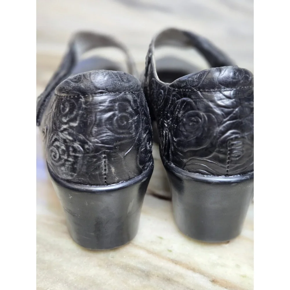 Alegria ELL-541 Black Leather Floral Embossed Mary Jane Wedge Shoes Womens 38